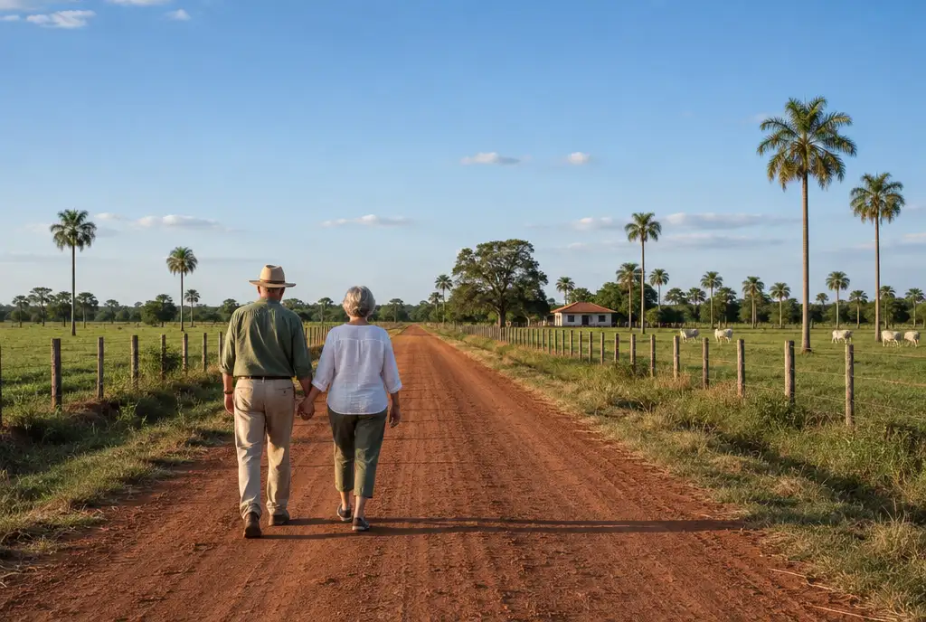 Older couple walking hand in hand along a red-earth road between palms in rural Paraguay