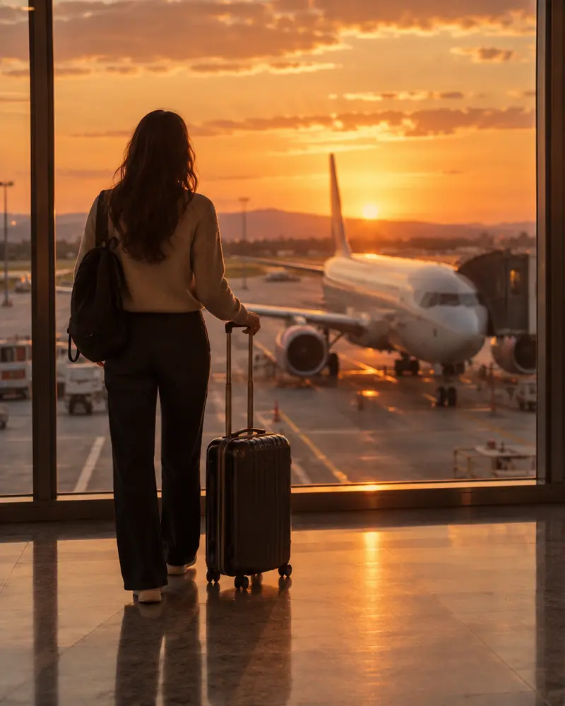 Traveller with a carry-on watching a plane at sunset