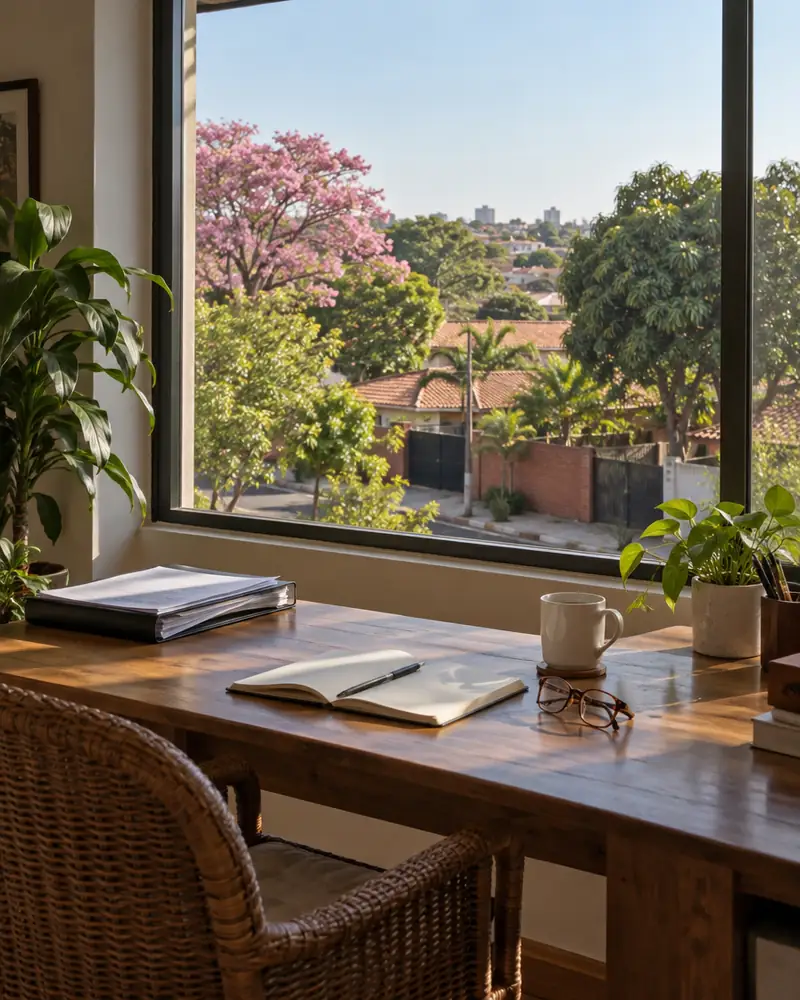 Home office desk by a window overlooking a leafy Asunción street with a flowering pink lapacho