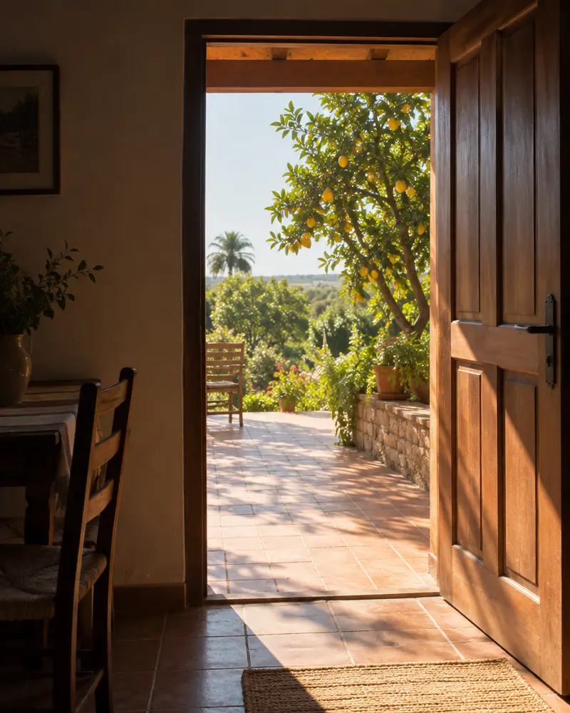 Open door onto a sunny patio with a lemon tree