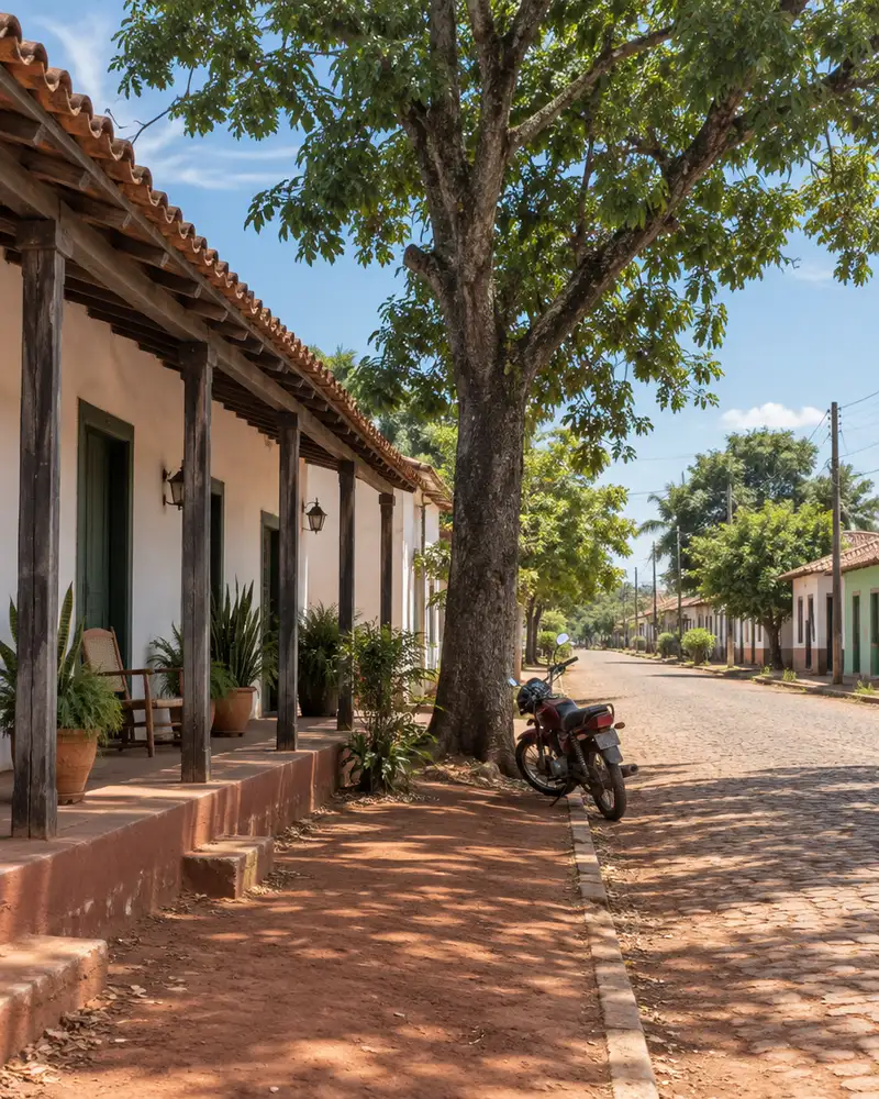 Quiet small-town street in rural Paraguay with colonial verandas, a red-earth sidewalk and a motorbike