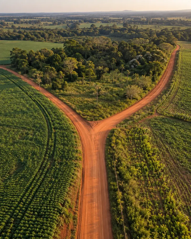 Aerial view of red-earth roads diverging through farmland